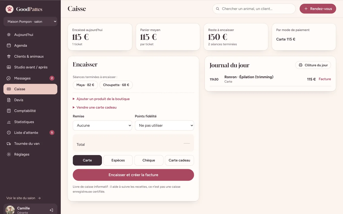 Caisse GoodPattes : encaissement d'une séance, produits, carte cadeau, fidélité