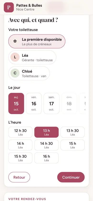 Réservation en ligne sur téléphone : choix du créneau